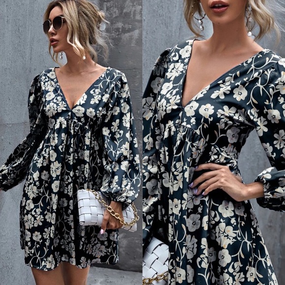 V Neck Floral Print Balloon Sleeve Midi Dress - Picture 3 of 3